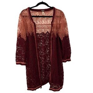 BKE Gimmicks Burgundy Sheer Lace Open Front Cardigan Kimono Duster Women's Large